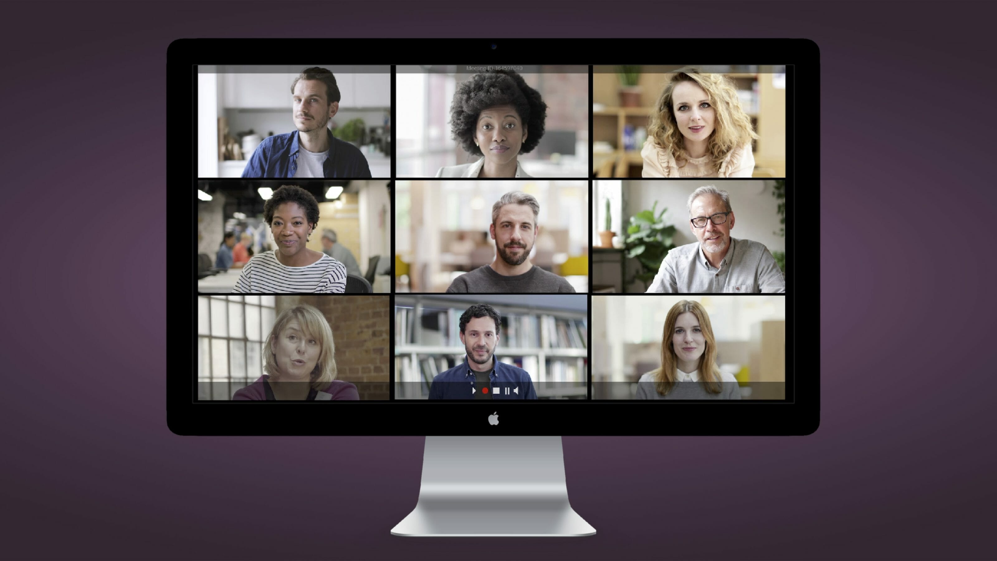 A computer screen with a 9 images of people's faces in a 3x3 grid with a webinar interface at the bottom.