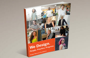 Mock-up of book cover with portraits of 10 designers.