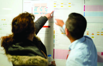 People talking in front of wall of printed flows and notes