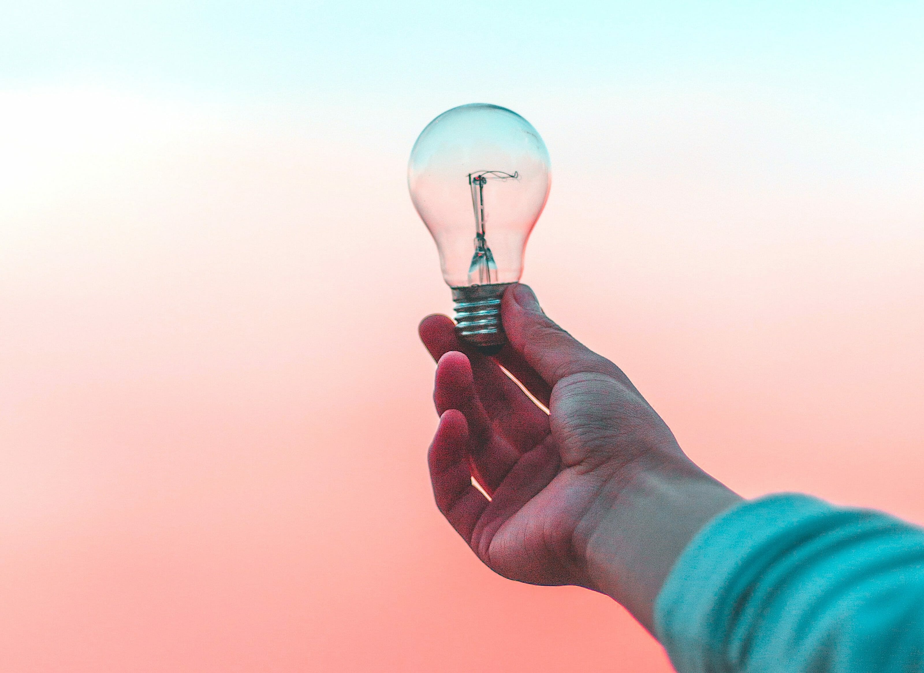 Person holding lightbulb against a sunset