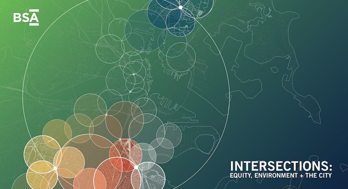 A graphic showing an abstract city map with groups of color circles over it.