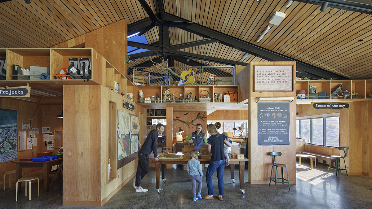 Photo of the inside of Presidio Tunnel Tops Field Station building hands-on exploration of interpretive exhibits about the Presidio’s rich ecology, history, and archaeology.