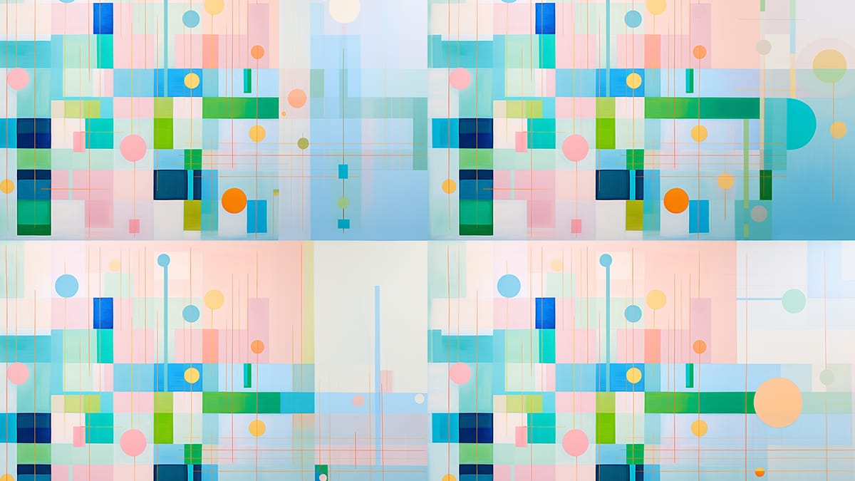 Abstract graphic of geometric shapes in blues, greens, and pinks