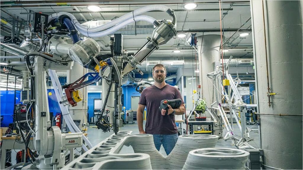 White man with short hair, waring protective eye gear and a purple shirt with jeans, standing before a large robotic-armed machine.