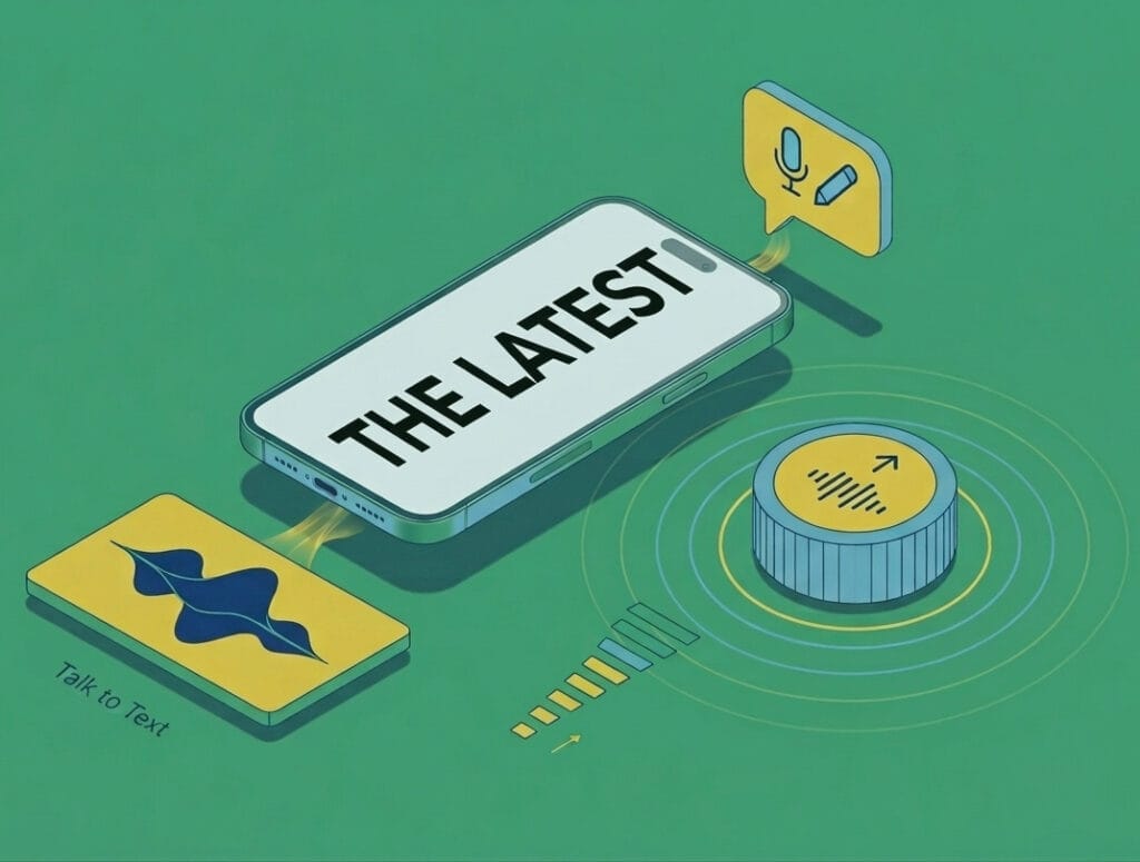 Illustration of a cellphone with text on the screen that reads, "THE LATEST," and an icon on either end of the phone that indicates a voice to text function and a volume button