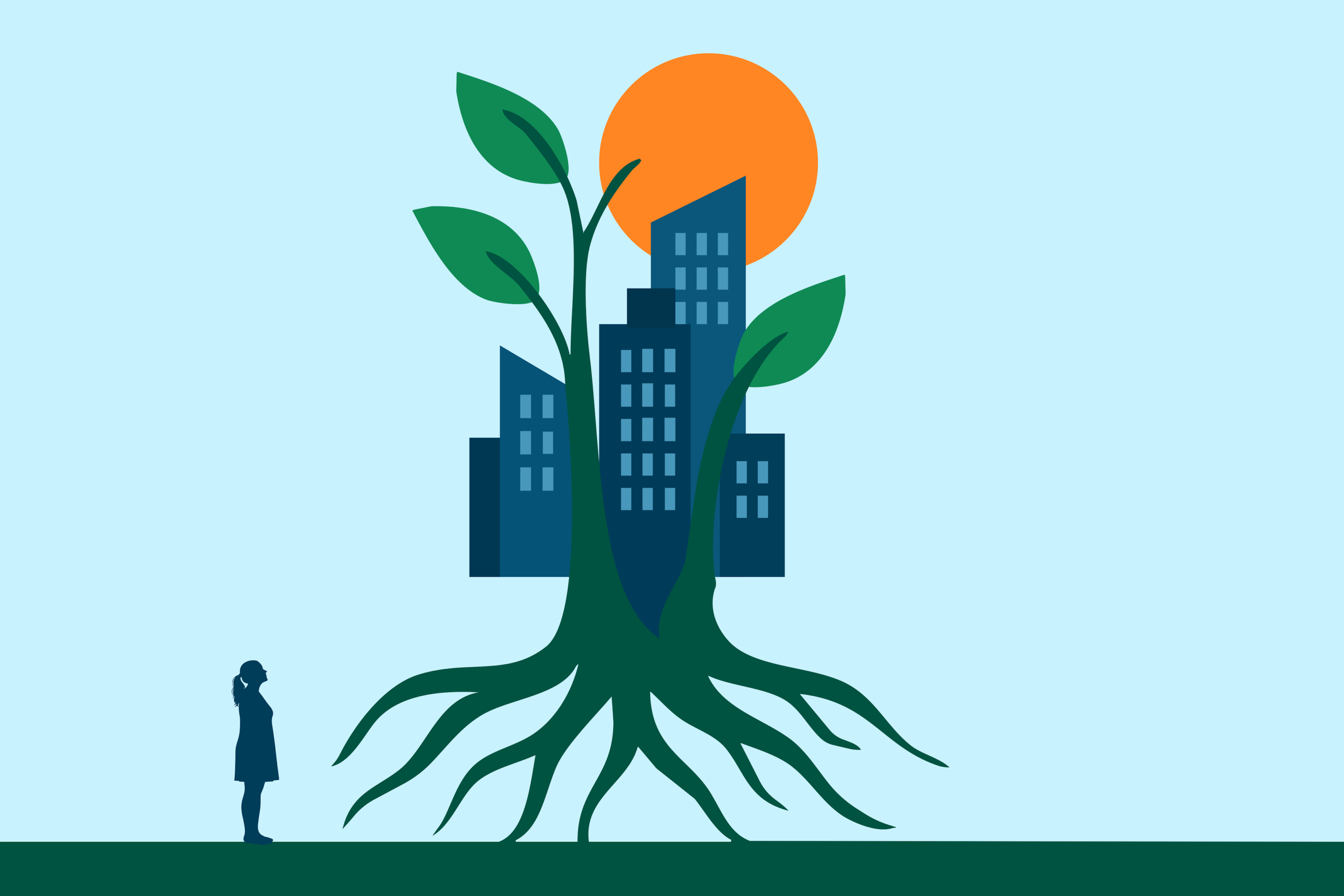 Illustration of a woman figure standing before a plant that is enveloping a city-scape