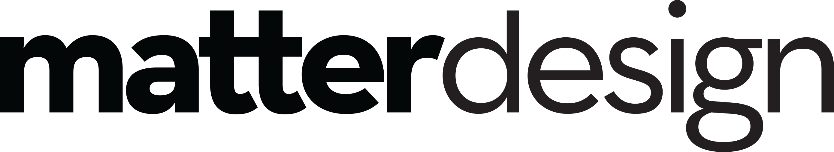 Minimalist logo featuring a bold horizontal bar reading matter design 